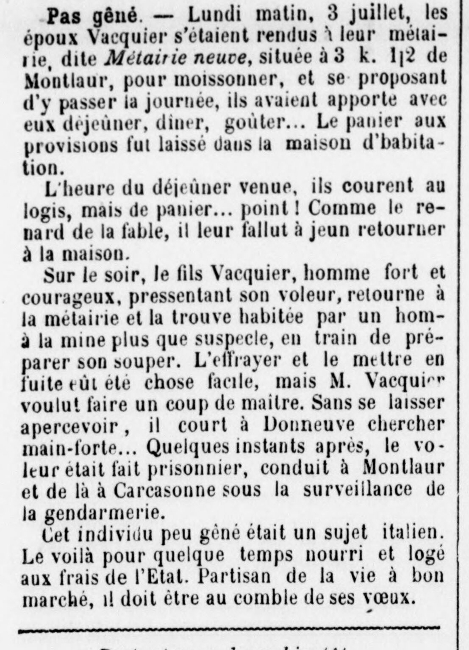 article paru dans la Croix du Sud le 7 juillet 1893 racontant l'intrusion d'un squatteur dans la maison du couple Vacquier à Montlaur, Aude