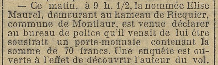 article de presse de 1901 relatant un vol de porte-monnaie à Montlaur (Aude)