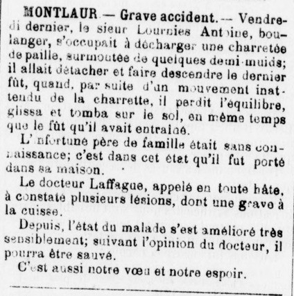 article de journal rapportant l'accident dont a été victime Antoine Sournies, boulanger, en 1893 à Montlaur