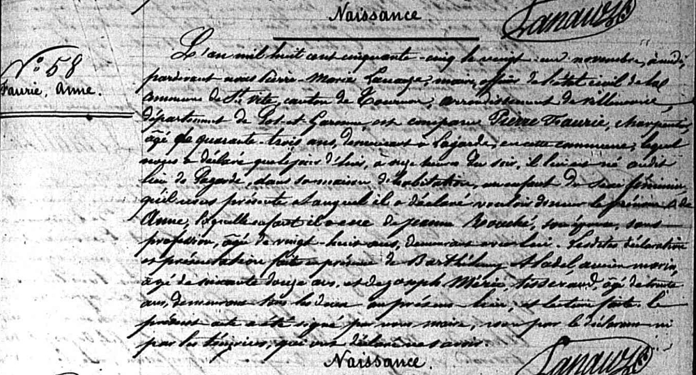 acte de naissance d'Anne Faurie en date du 20 novembre 1855 à Saint Vite dans le Lot et Garonne