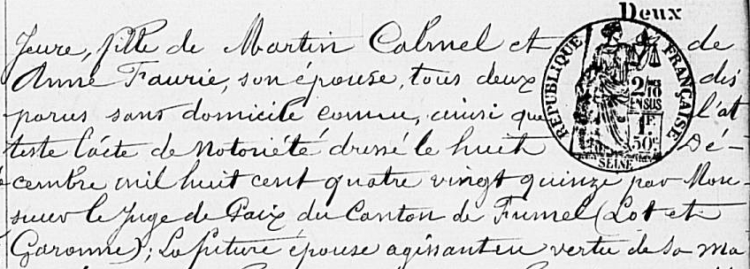 extrait de l'acte de mariage de Gabrielle Faurie en 1896, mentionnant la disparition de ses parents