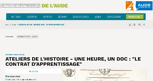 visuel de l'atelier consacré au contrat d'apprentissage, organisé par les archives départementales de l'Aude