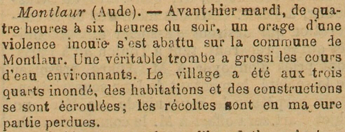 extrait d'un article relatant une inondation à Montlaur en 1893
