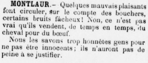 article de presse de 1892 racontant que des bouchers audois auraient fait passer de la viande de cheval pour du boeuf.