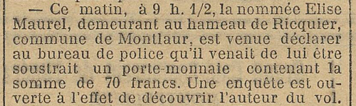 article de presse relatif à un vol de porte monnaie dont a été victime une habitante de Montlaur dans l'Aude en 1901.